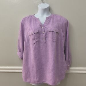 Talbots Tunic Womens 1X Purple 100% Linen Roll Tab Sleeves Pockets Quiet Luxury